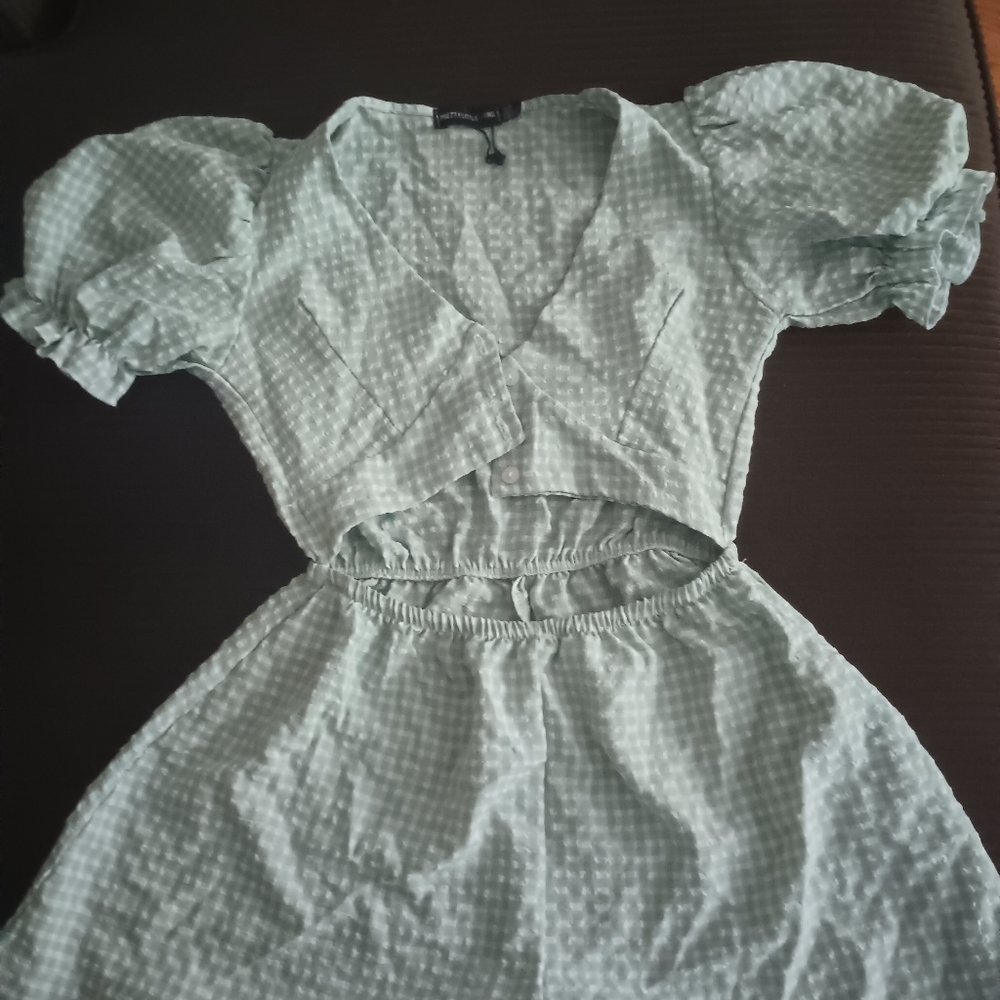 Green Gingham Puff Sleeve Shorts Romper